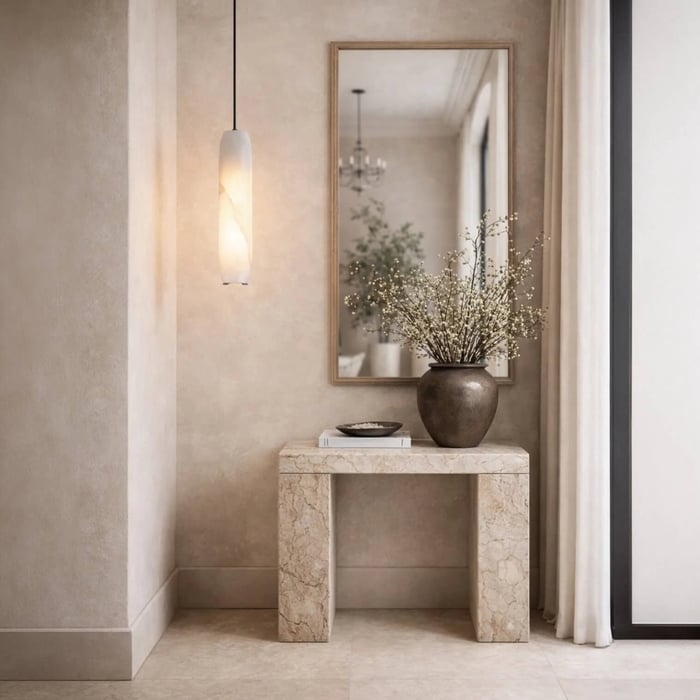 Minimal hallway console with decorative mirror and alabaster pendant light creating warm ambient lighting.