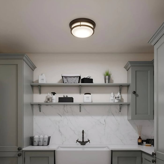 Laundry/utility room with gray cabinets, open shelves holding baskets and supplies, a farmhouse sink, and a flush-mount ceiling light.