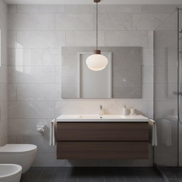 Modern bathroom with large light-gray wall tiles, a floating wood vanity, rectangular mirror, globe pendant light, and a glass shower panel.