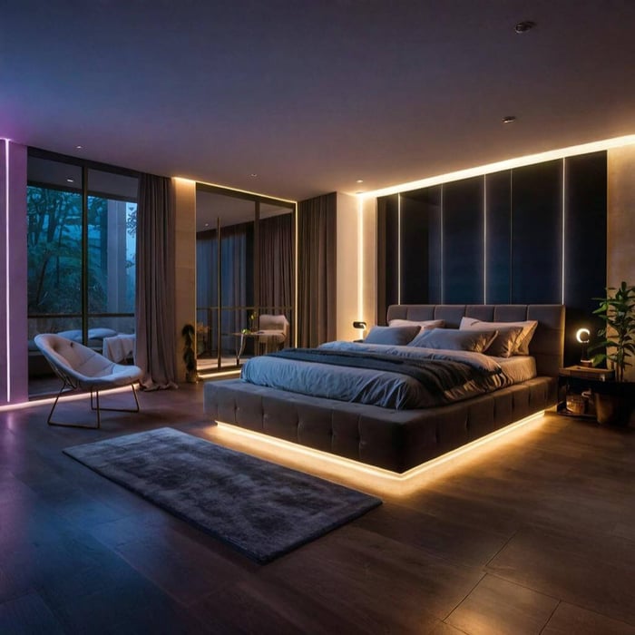 Contemporary bedroom with LED strip lighting around the ceiling perimeter and under the bed frame, creating a soft ambient glow.
