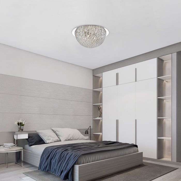 Modern bedroom lights — Minimalist bedroom with neutral gray tones, featuring a flush-mount crystal ceiling light as the main bedroom lighting.