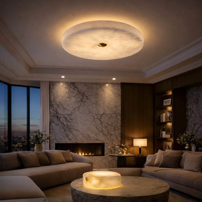Warmly lit modern living room with a round marble alabaster ceiling lights, marble fireplace wall, and neutral sofas overlooking a city skyline at dusk.