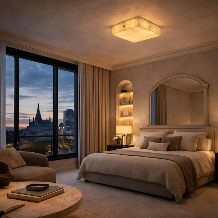 Elegant bedroom with a square flush-mount ceiling light, upholstered bed, built-in shelves, and large windows showing a city view at sunset.