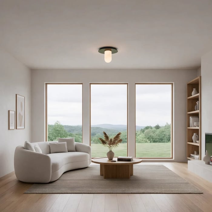 Soft-toned living room with a small round flush ceiling light, curved white sofa, and tall windows framing a green landscape.