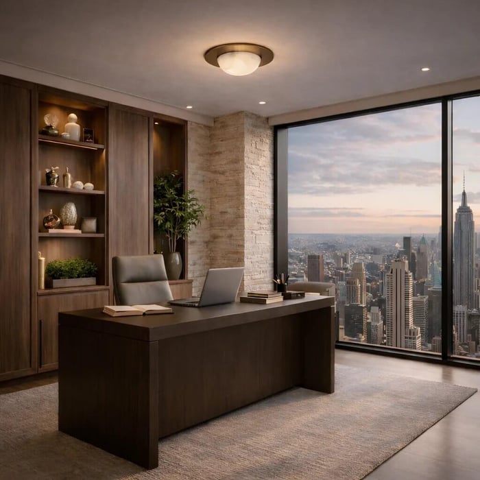 Modern home office with a simple round ceiling light, dark wood desk and shelving, and expansive windows overlooking a city skyline.