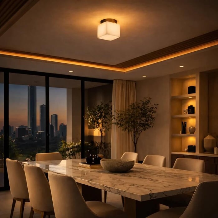 Dining room with a square flush ceiling light and warm cove lighting, marble dining table, and large windows revealing a sunset city view.