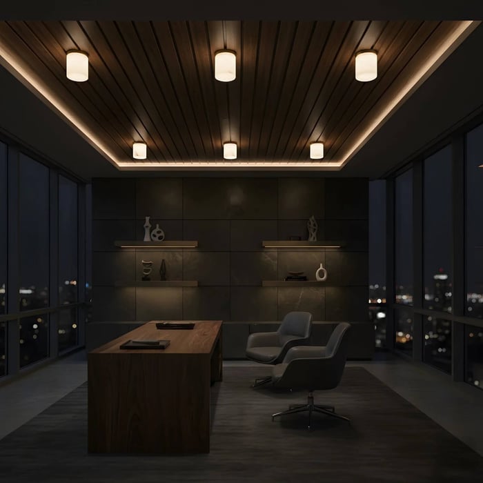 Dark modern office with multiple small cylindrical ceiling lights and recessed perimeter lighting, overlooking a nighttime city skyline.