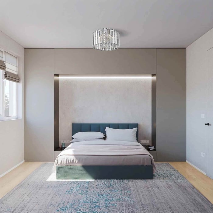 Neutral bedroom with a compact crystal drum ceiling light above the bed for ambient illumination.