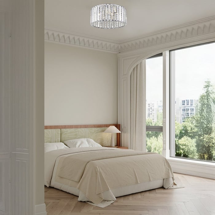Elegant bedroom with a crystal flush mount chandelier and large window view.