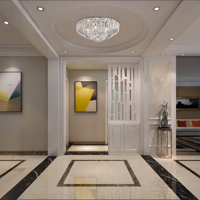Crystal flush mount ceiling fixture adding elegance to a hallway.