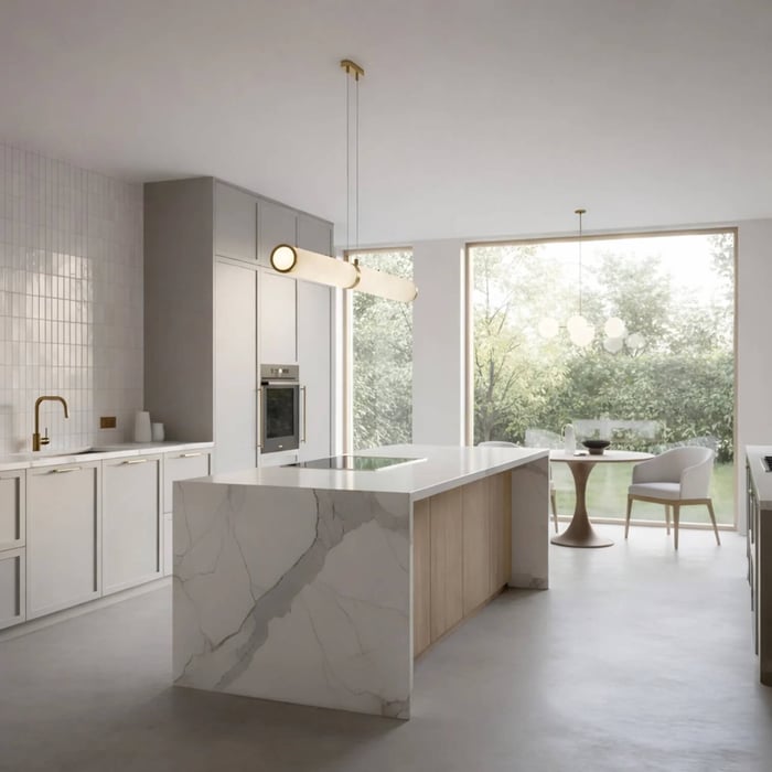 Bright minimalist kitchen with a slim linear pendant light above a marble island, white cabinetry, and large windows facing a lush garden.