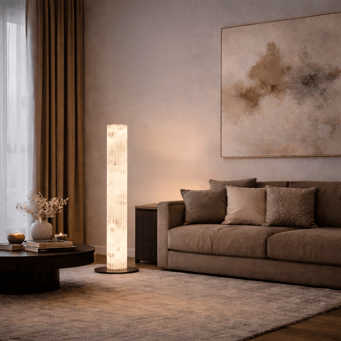 Warm neutral living room with tall cylindrical alabaster floor lamps beside brown sofa and abstract wall art.