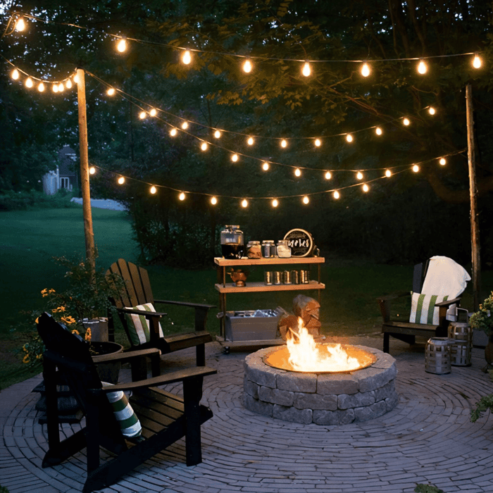 Outdoor string lights draped between wooden posts over a circular fire pit patio with Adirondack chairs at dusk.