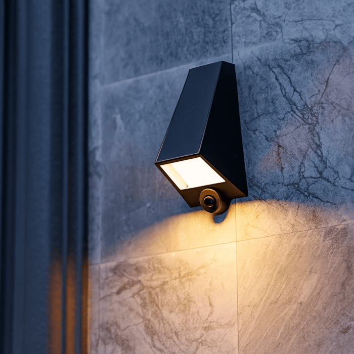 Minimalist black outdoor wall light on a gray marble-tile wall at dusk, casting a warm downward glow beside a dark doorway.