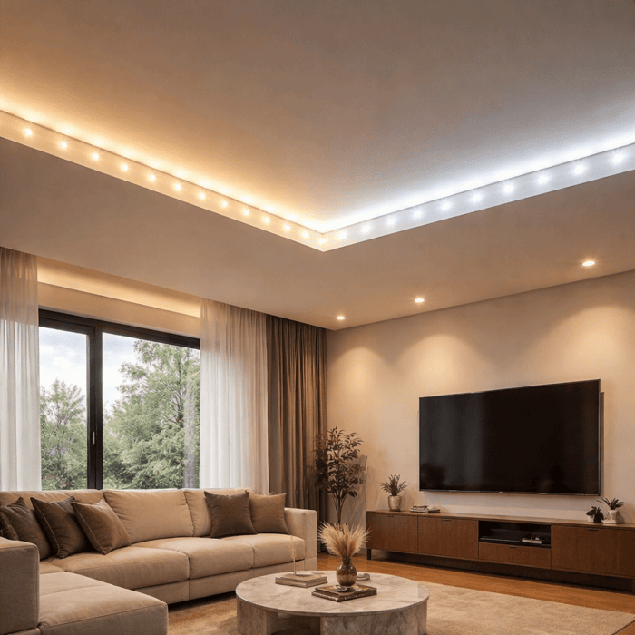 Living room with ceiling cove lighting using LED strips, soft wall wash above a TV unit, and warm ambient light across the seating area.