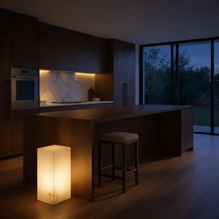 Alabaster cube floor lamp glowing beside a modern wooden kitchen island with warm under-cabinet lighting at dusk.