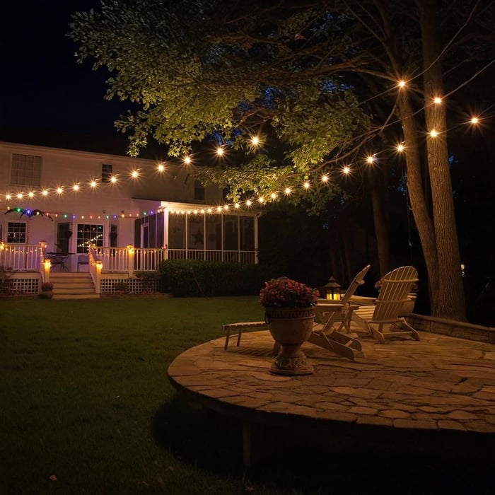 Outdoor string lights stretched from a house to large trees, softly lighting a lawn with patio chairs and a paved seating area at night.
