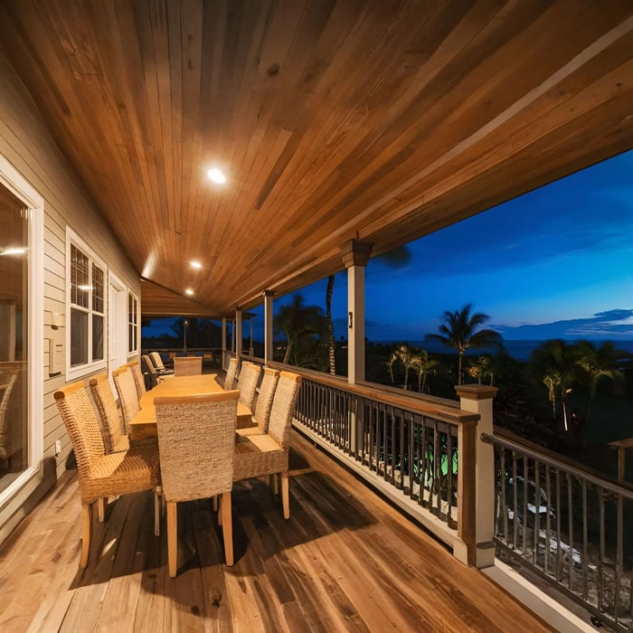 Recessed ceiling downlights illuminating an outdoor dining terrace at twilight.