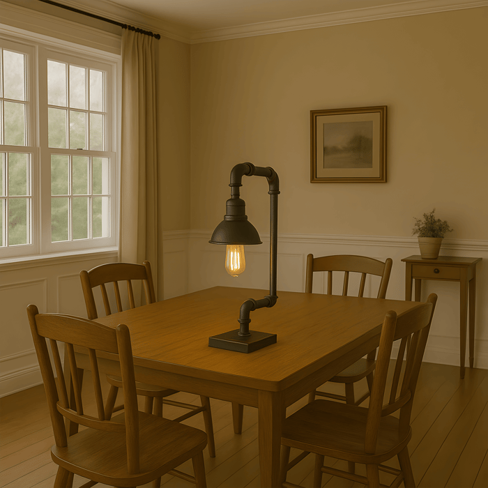 Industrial-style table lamp with bent pipe frame and exposed bulb on a wooden dining table.