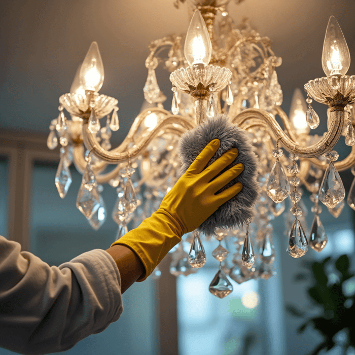 Hand dusting a lit crystal chandelier with a fluffy duster while wearing gloves.