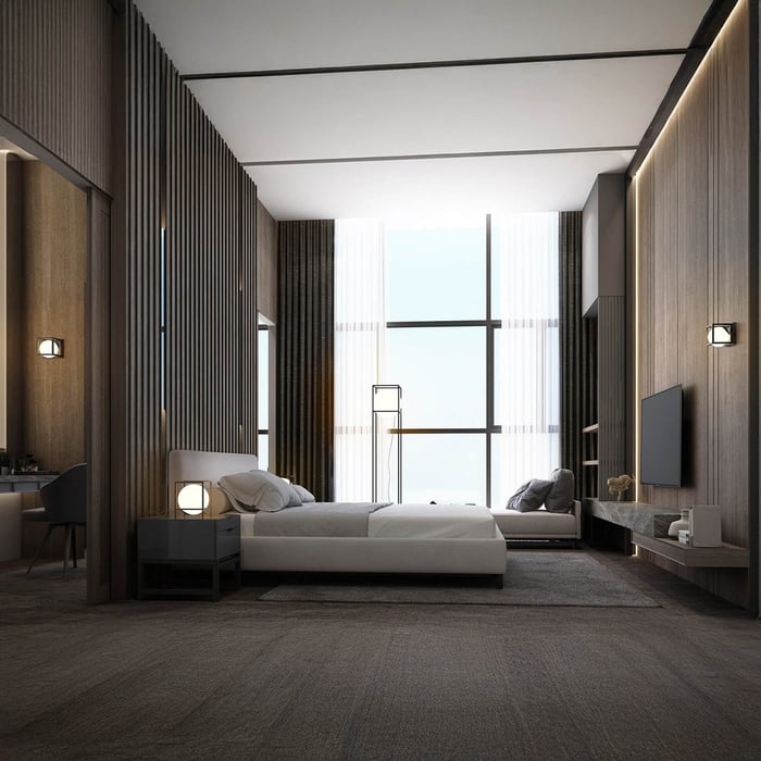 Modern bedroom with floor-to-ceiling windows, ambient wall lights, and geometric fixtures.
