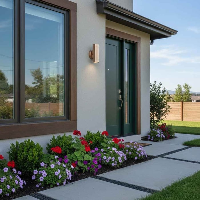Modern home front door with a sleek cylindrical outdoor wall sconce, concrete paver path, and colorful flower bed.