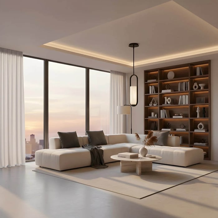 Contemporary alabaster pendant lighting hanging in a modern living room with built-in shelving and city sunset view