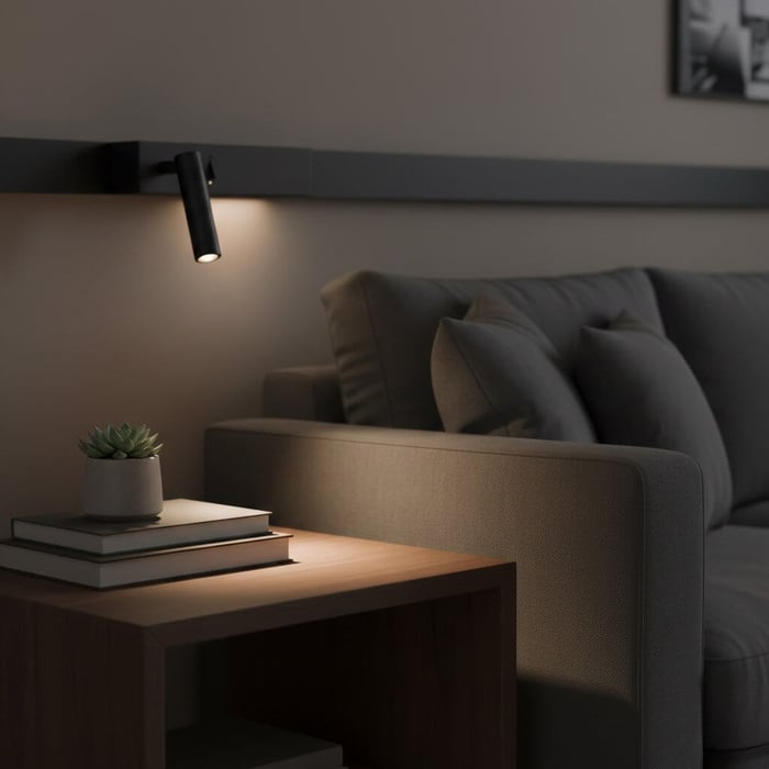 A modern living room with a gray sofa, wall-mounted black spotlight, wooden side table, stacked books, and a small succulent plant.