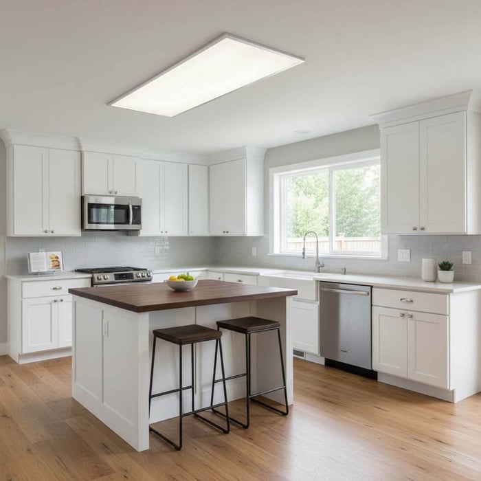 Bright white kitchen with a large rectangular LED panel ceiling light above the island, providing even illumination across the space.