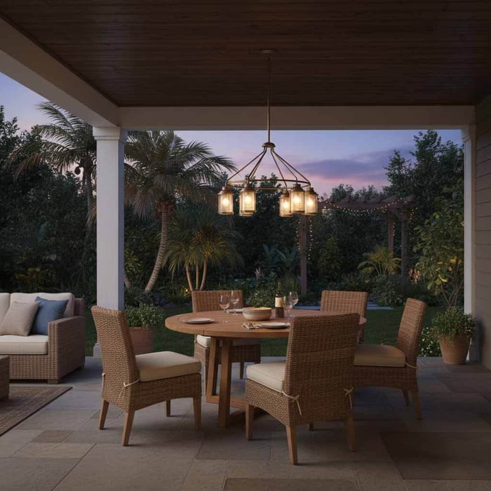 Outdoor chandeliers with lantern-style lights hanging above a round patio dining set on a covered terrace at dusk