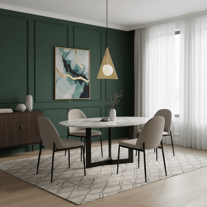 Modern dining room with dark green panelled walls, round marble table, and brass geometric pendant light.