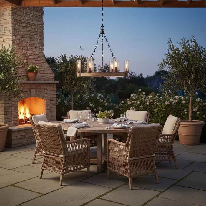 Rustic ring outdoor chandelier with glass cylinders above an outdoor dining table beside a lit stone fireplace.