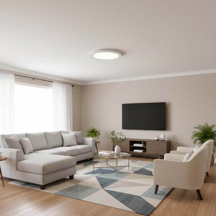 Modern living room with a grey sectional sofa, wall-mounted TV, and a round flush LED ceiling light providing soft, even illumination.