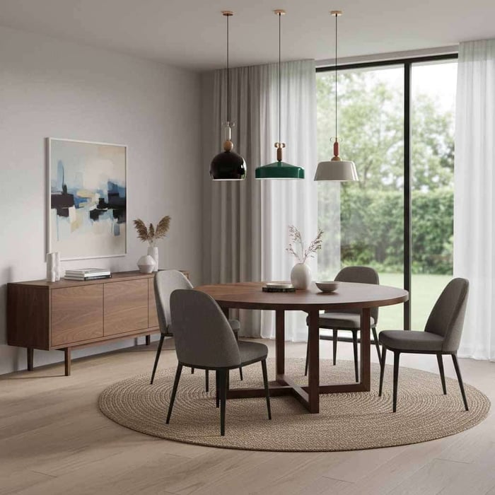 Bright dining room with three coloured pendant lights hanging above a round table near large patio doors.