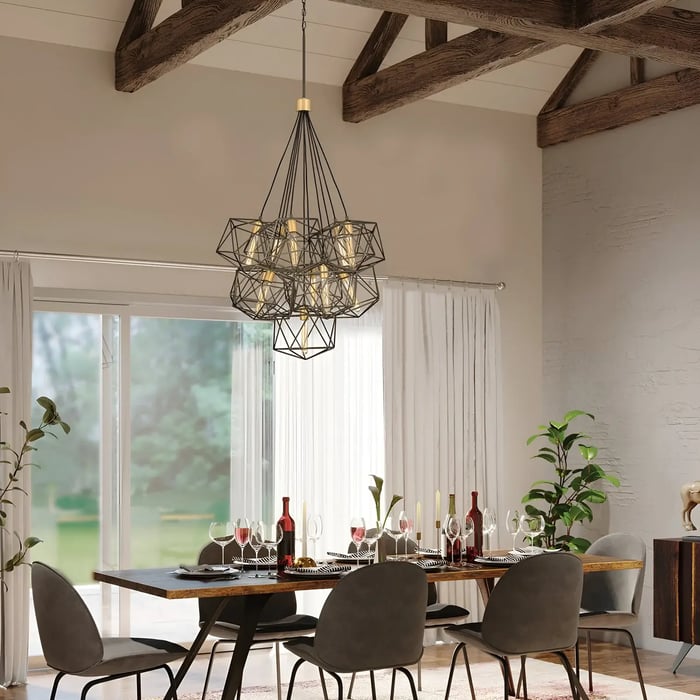 Stylish dining room with a dark wood dining table, upholstered chairs, and a geometric wireframe chandelier with intricate details, set in a room with high, exposed wooden beams.