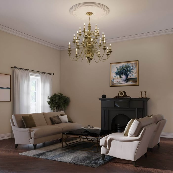 Classic gold chandelier with candle-style bulbs hanging in a traditional living room with neutral tones.