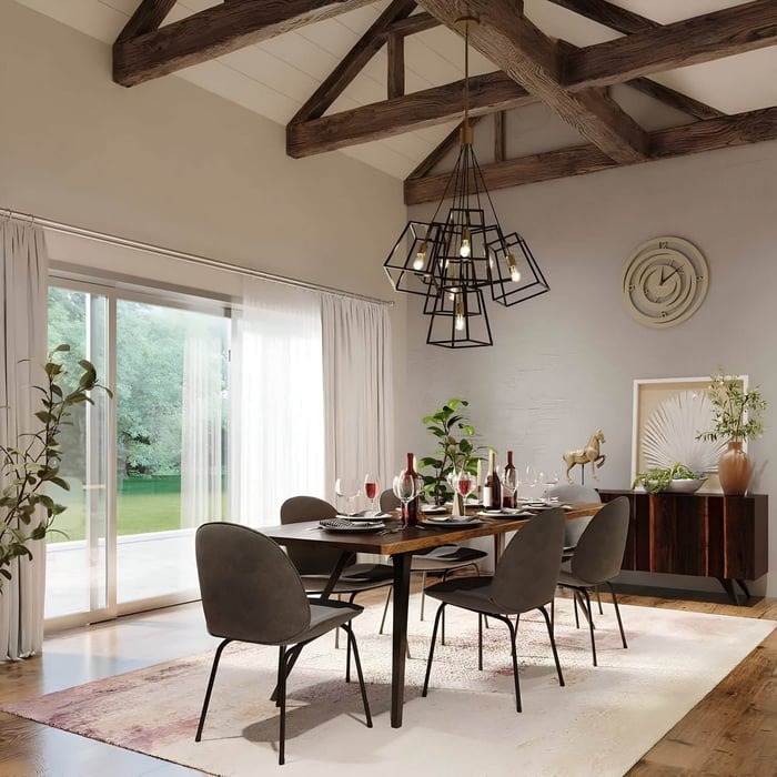 Modern rustic dining room with geometric black chandeliers, exposed wood beams, and a dark wood dining table.