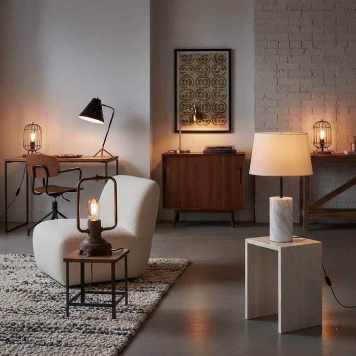 Cozy modern living space featuring industrial-style lamps, a white lounge chair, wooden furniture, and warm ambient lighting creating a relaxed atmosphere