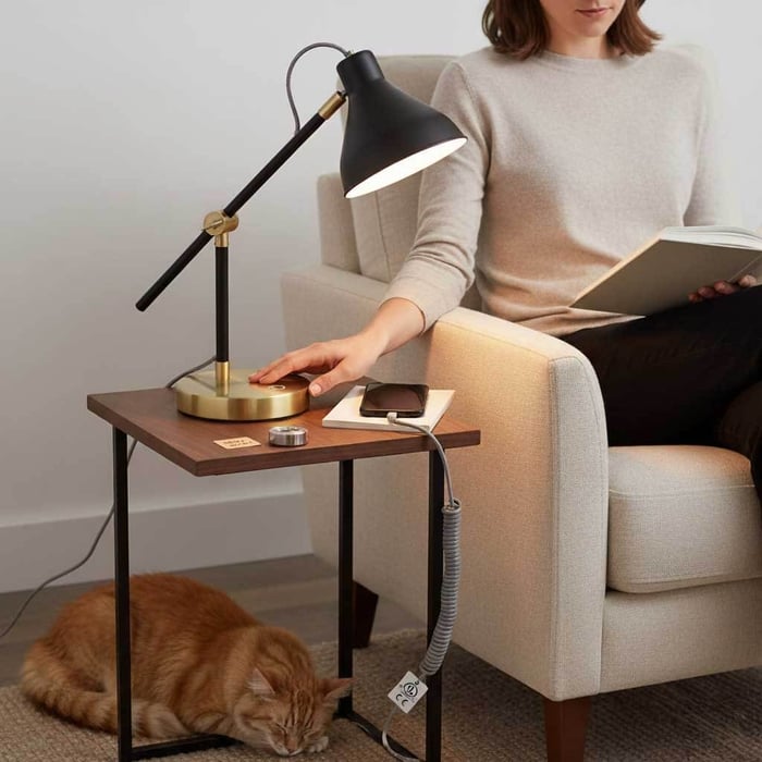 Person reading in an armchair adjusts the touch dimmer on an industrial table lamp; phone charging on the side table, cat sleeping underneath.