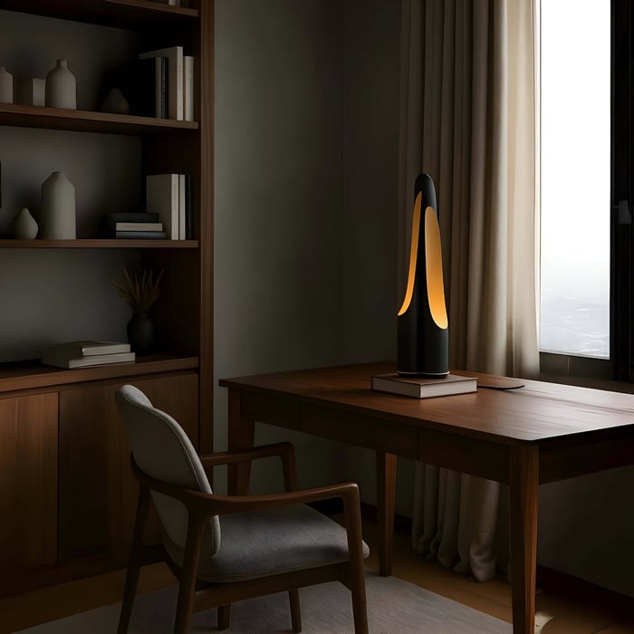 Moody study corner with a sculptural black table lamp glowing on a wooden desk by the window.