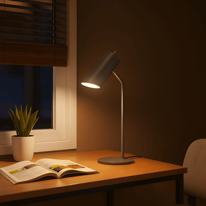 Bright minimalist workspace with a brass twin-spotlight table lamp on a console under a leaning mirror.