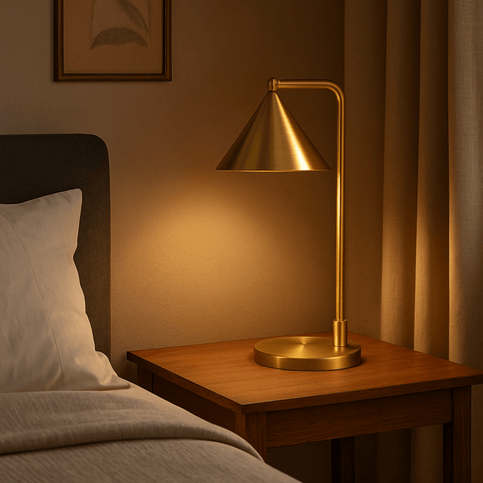 Brass cone-shade bedside table lamp casting warm light on a wooden nightstand beside the bed.