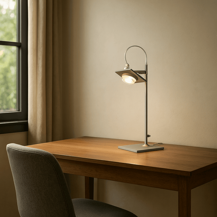 Minimalist study nook in daylight with a wall-mounted lamp above a wooden desk, paired with a simple chair and soft natural light from a nearby window.