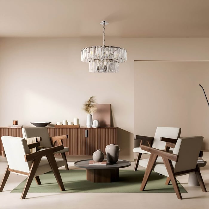 Contemporary living room with wood furniture and crystal chandelier centerpiece.
