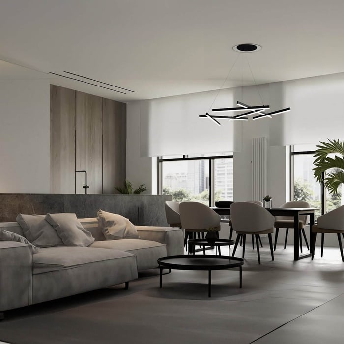 Black geometric LED chandelier with linear bars in a modern living room.