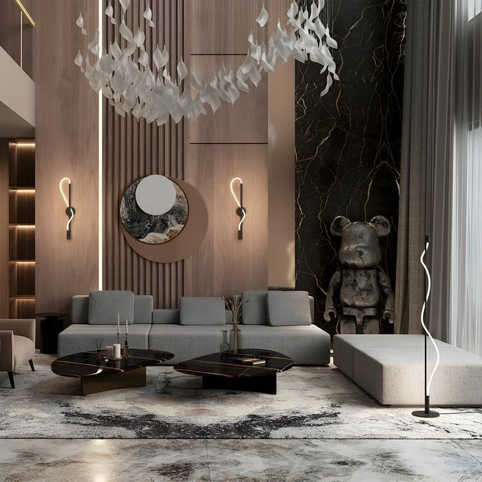 Modern living room with a high ceiling, featuring unique sculptural pendant lighting made of hanging white leaf-like shapes. A combination of contemporary furniture and textured accent walls completes the luxurious space.