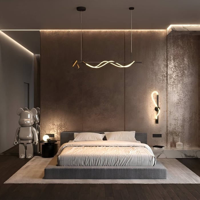 Contemporary LED pendant and wall lights illuminating a stylish modern bedroom.