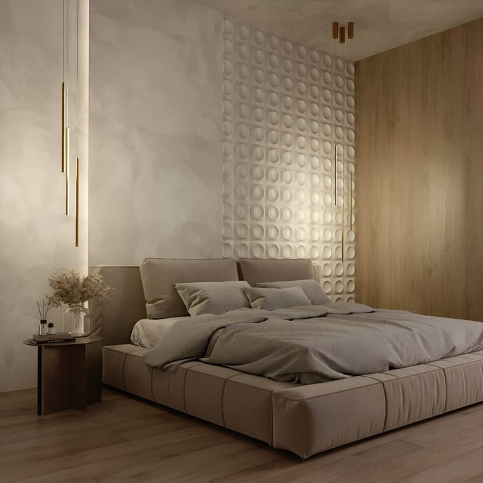 Contemporary bedroom with textured accent wall and vertical pendant lights.