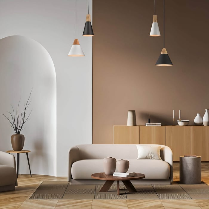 Contemporary living room with cone pendant lights & taupe colour-block walls