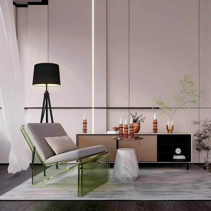 Tall tripod floor lamp with black drum shade lighting a modern space with glass and wood accents.
